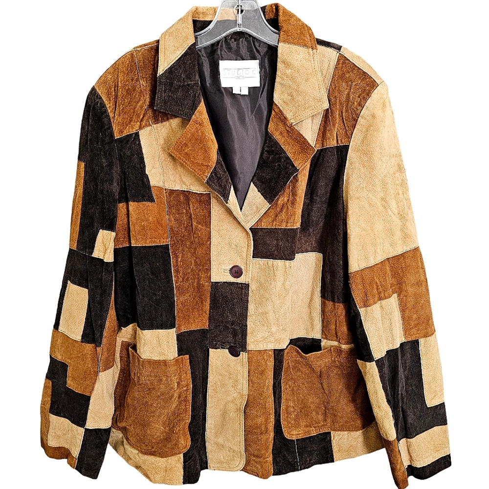 Studio C Retro Patchwork Leather Collared Longsle… - image 1